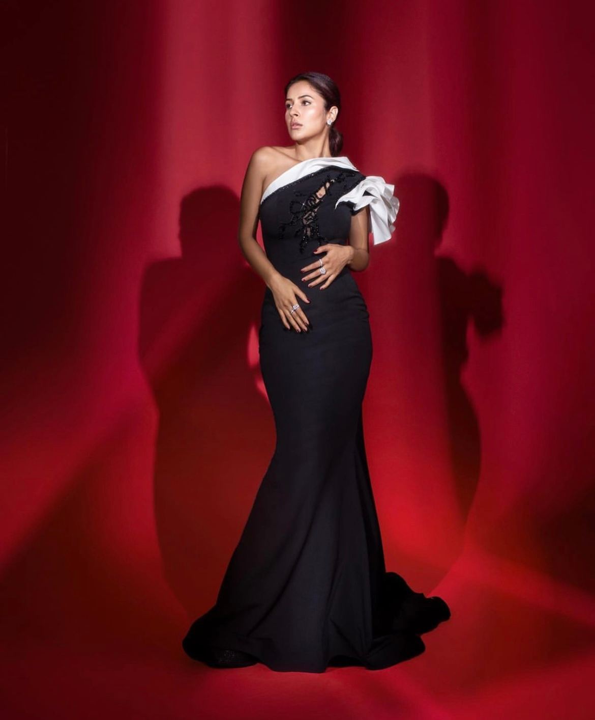 Shehnaaz Gill in Black off shoulder mermaid gown