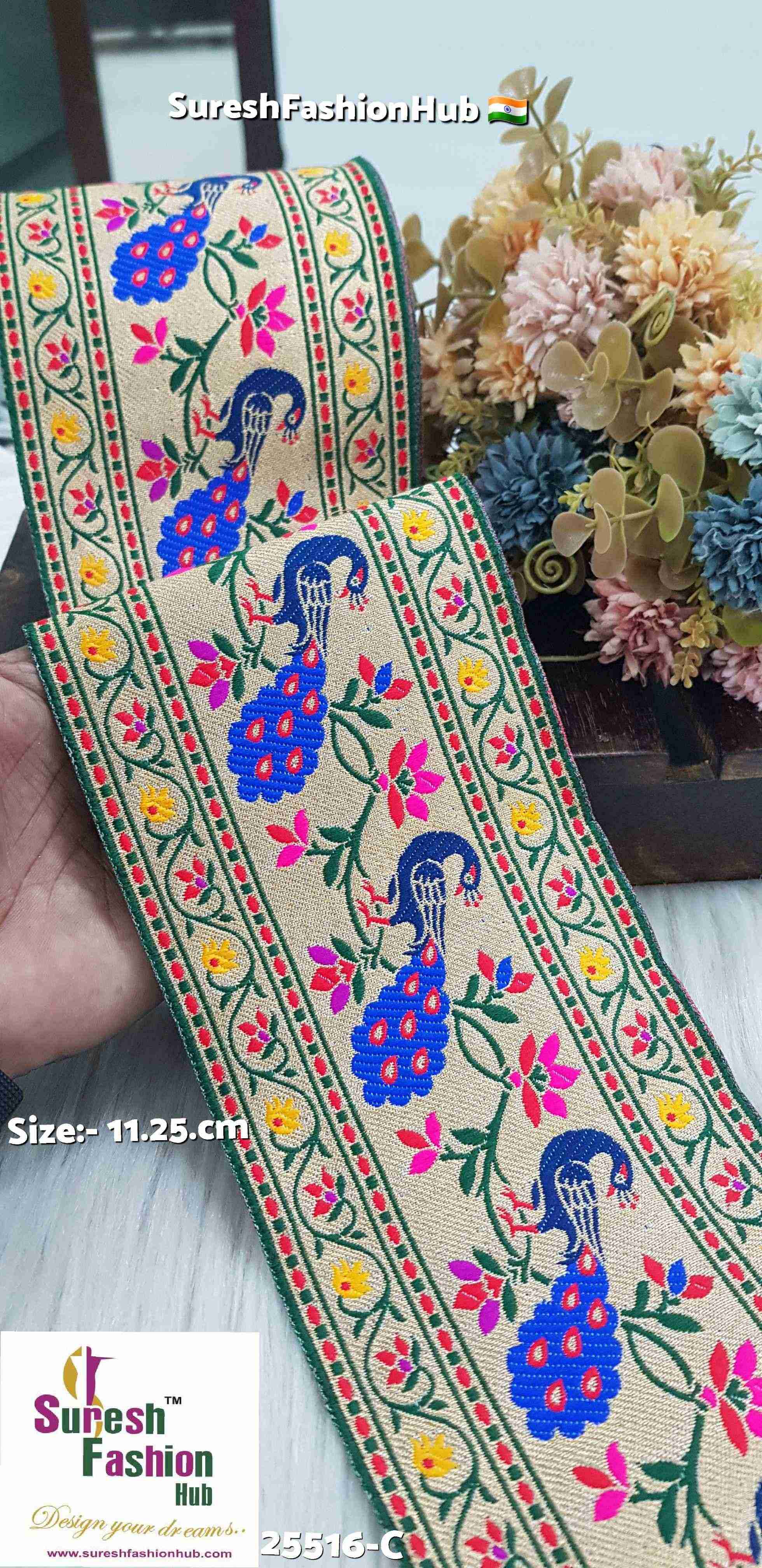 Peacock Floral Banarasi Mehendi+Red Border Lace