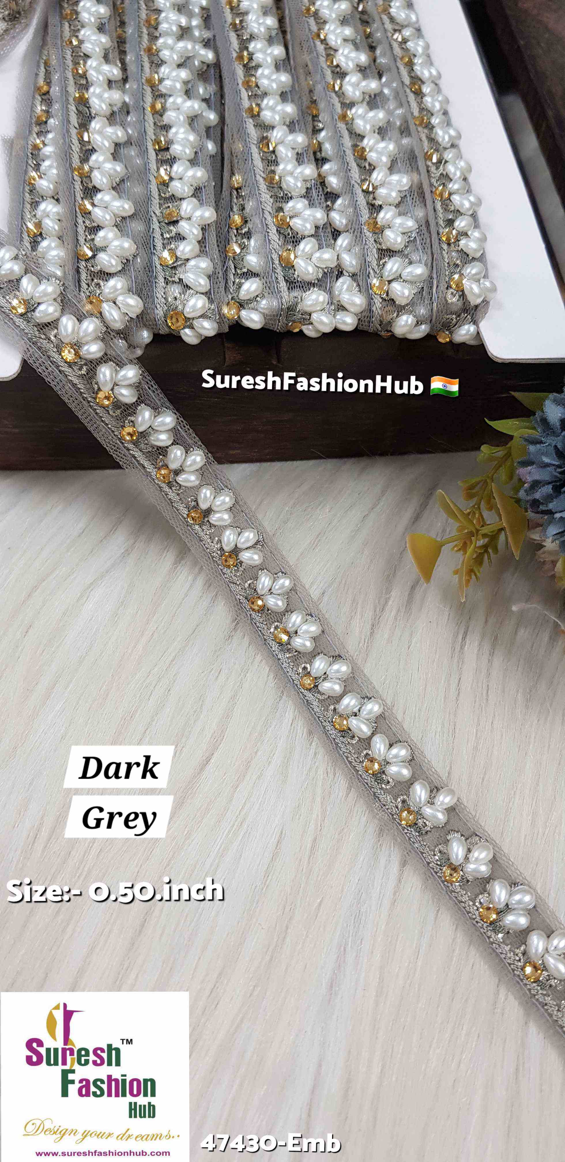 LuxeGlimmer Embroidered Trim Dark Grey  Color