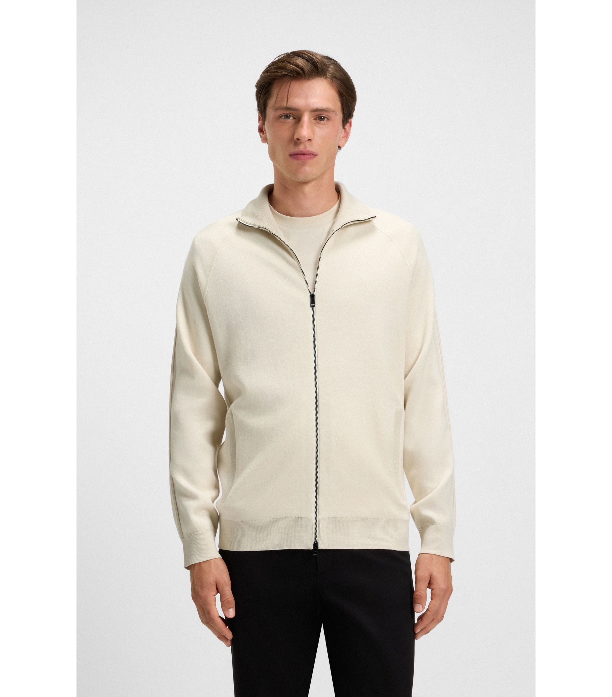 Virgin Wool Zip Cardigan With Contrast Ribbing