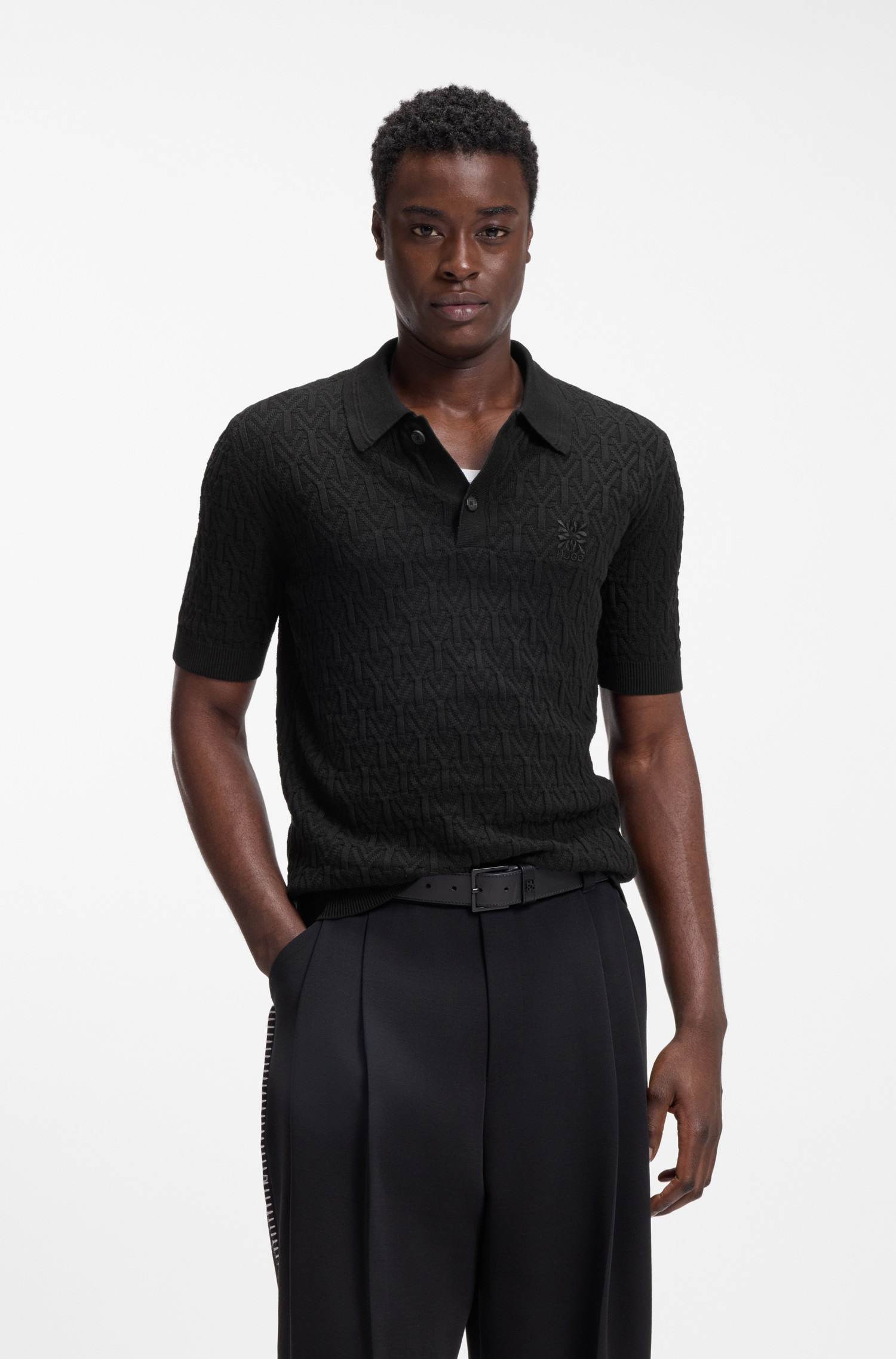 Jacquard-Knit Cotton Polo Sweater