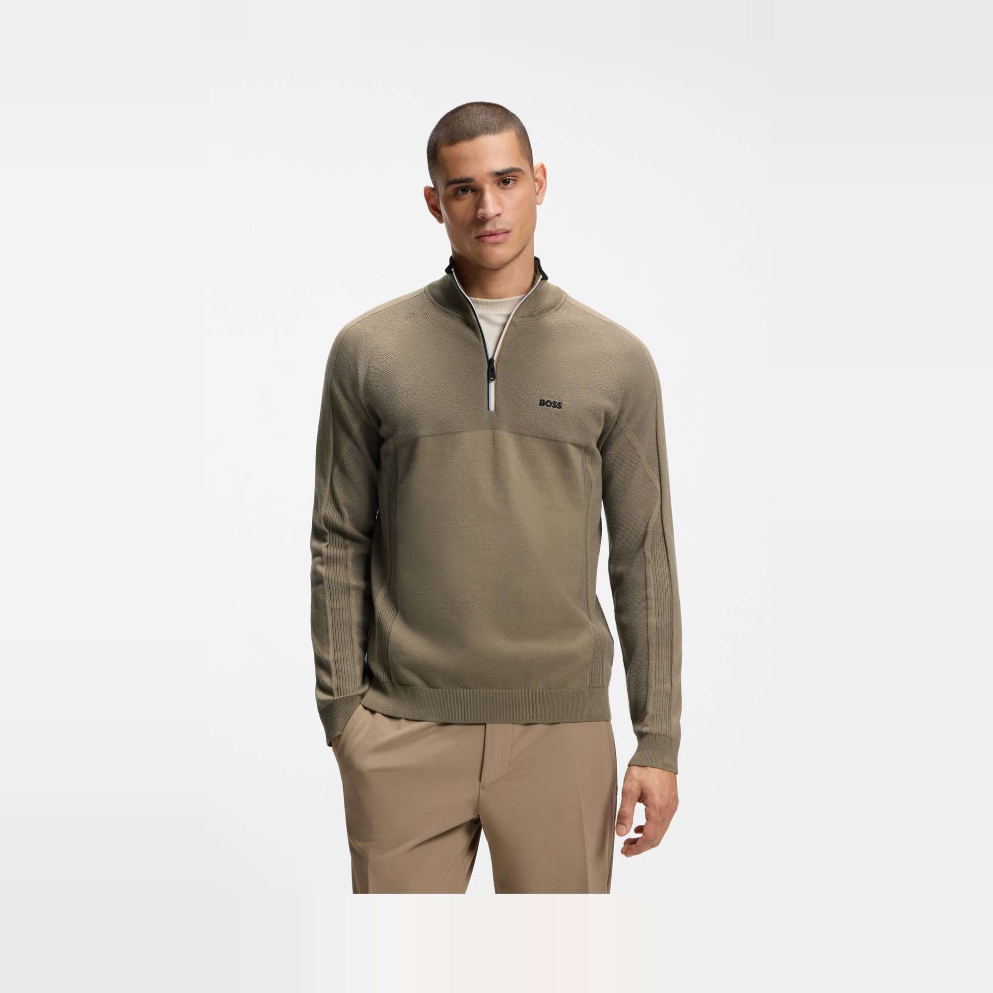 Zip-Neck Mixed-Knit Cotton Sweater