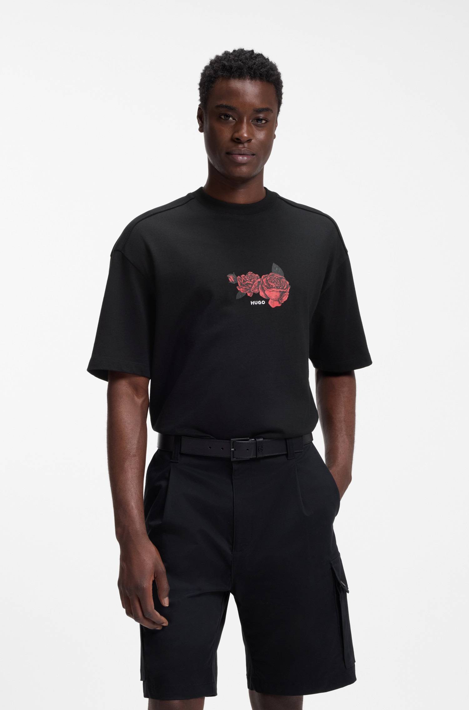 Oversized Cotton T-Shirt with Roses Artwork