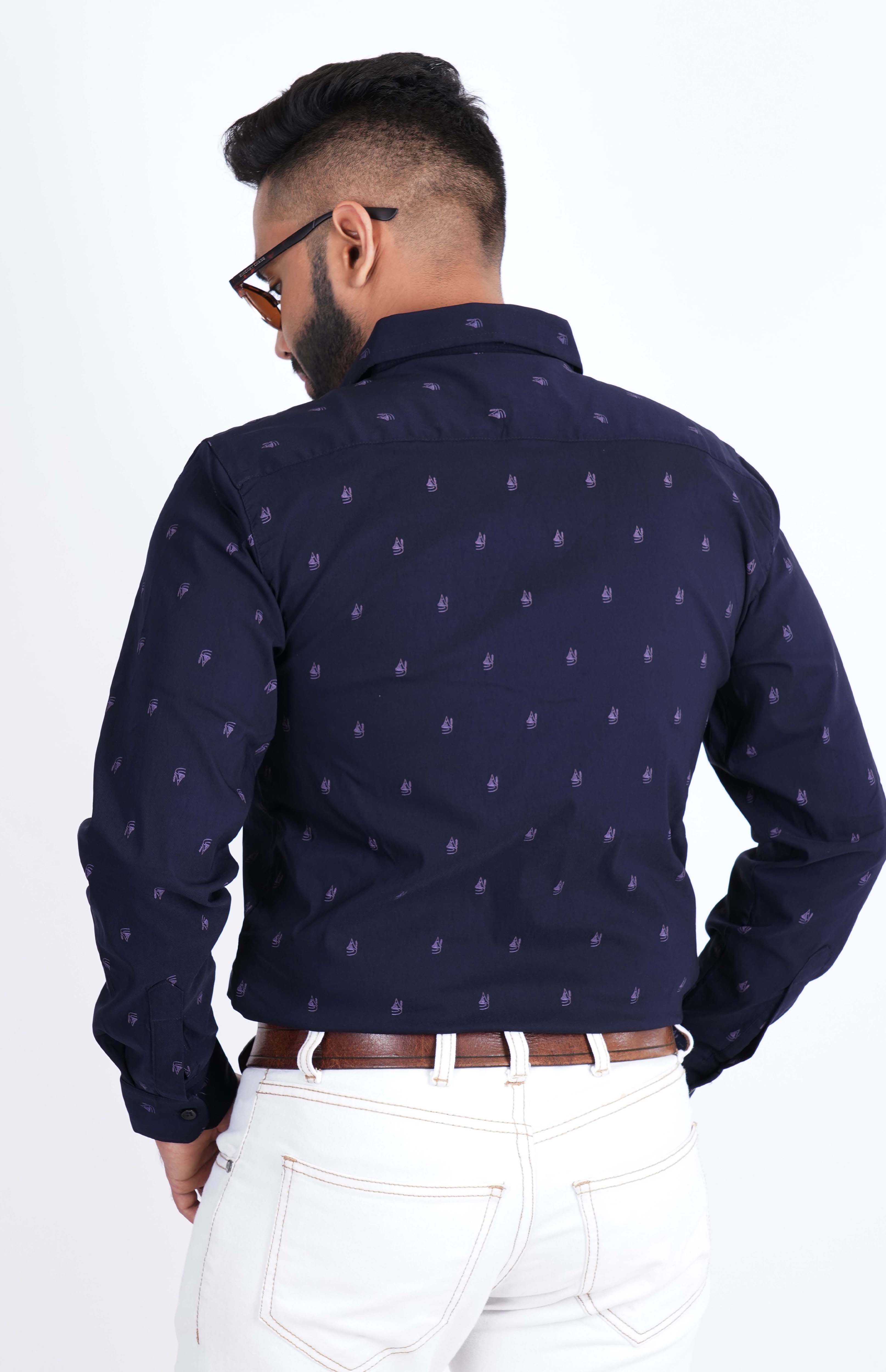 Navy Blue Mountain Lycra Print Stretchable Cotton Shirt