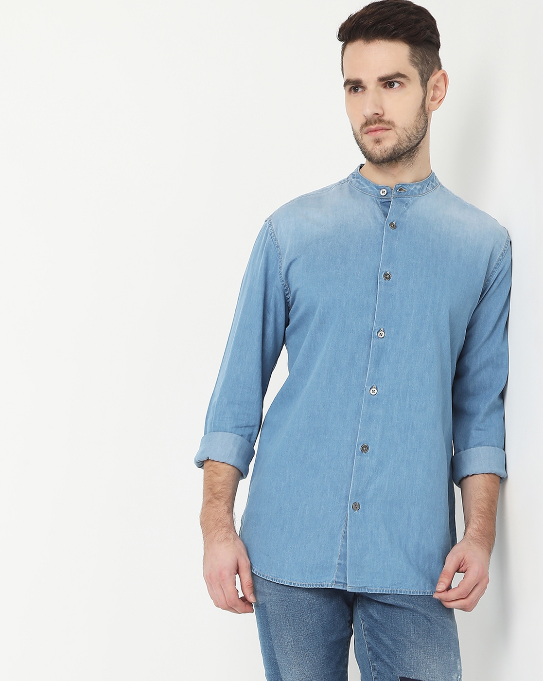 Shop Mandarin Collar Denim Shirt with Long Sleeves and Pocket Detail Online  | Max UAE