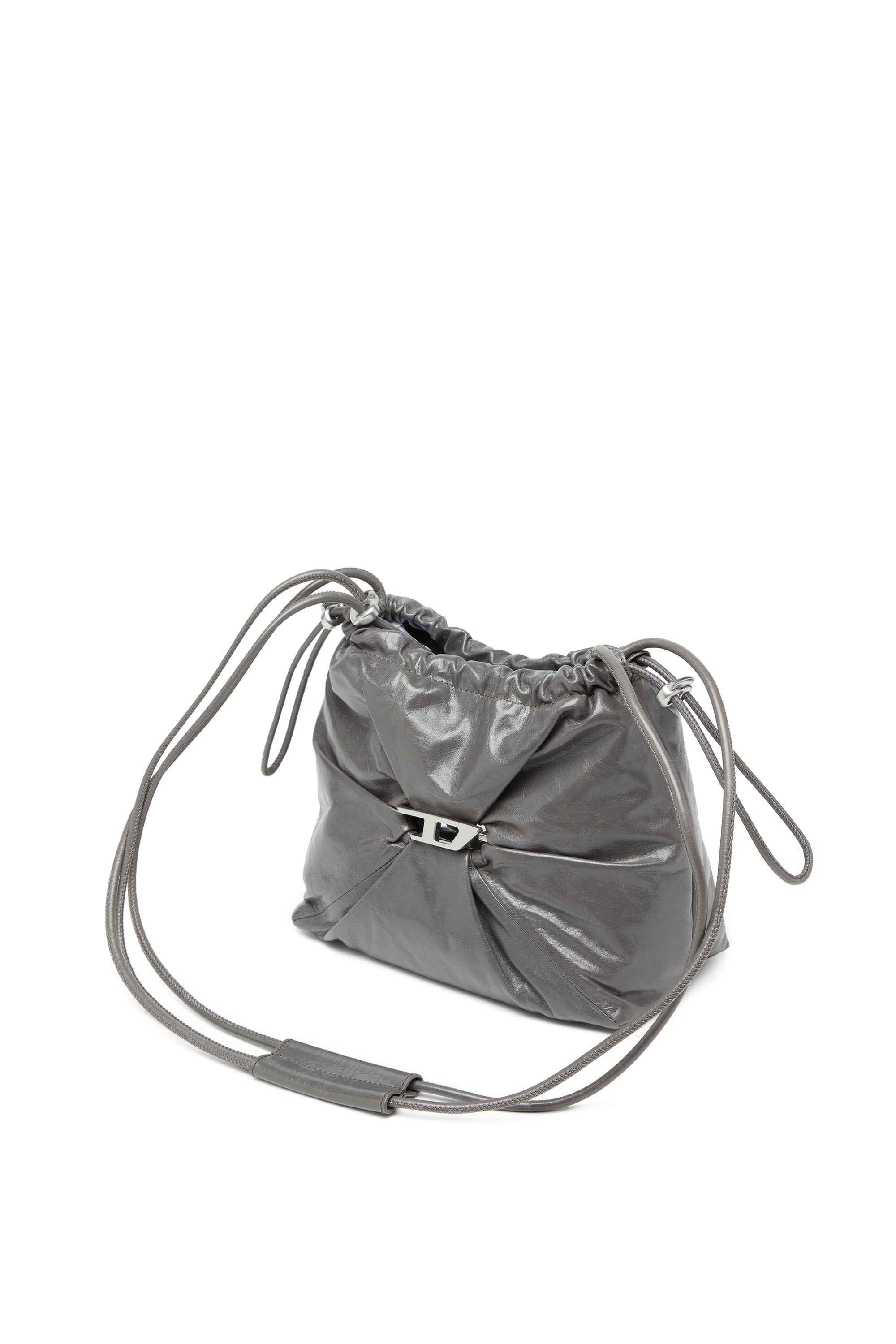 Grey Scrunch-D-Bucket bag in shiny wrinkled leather