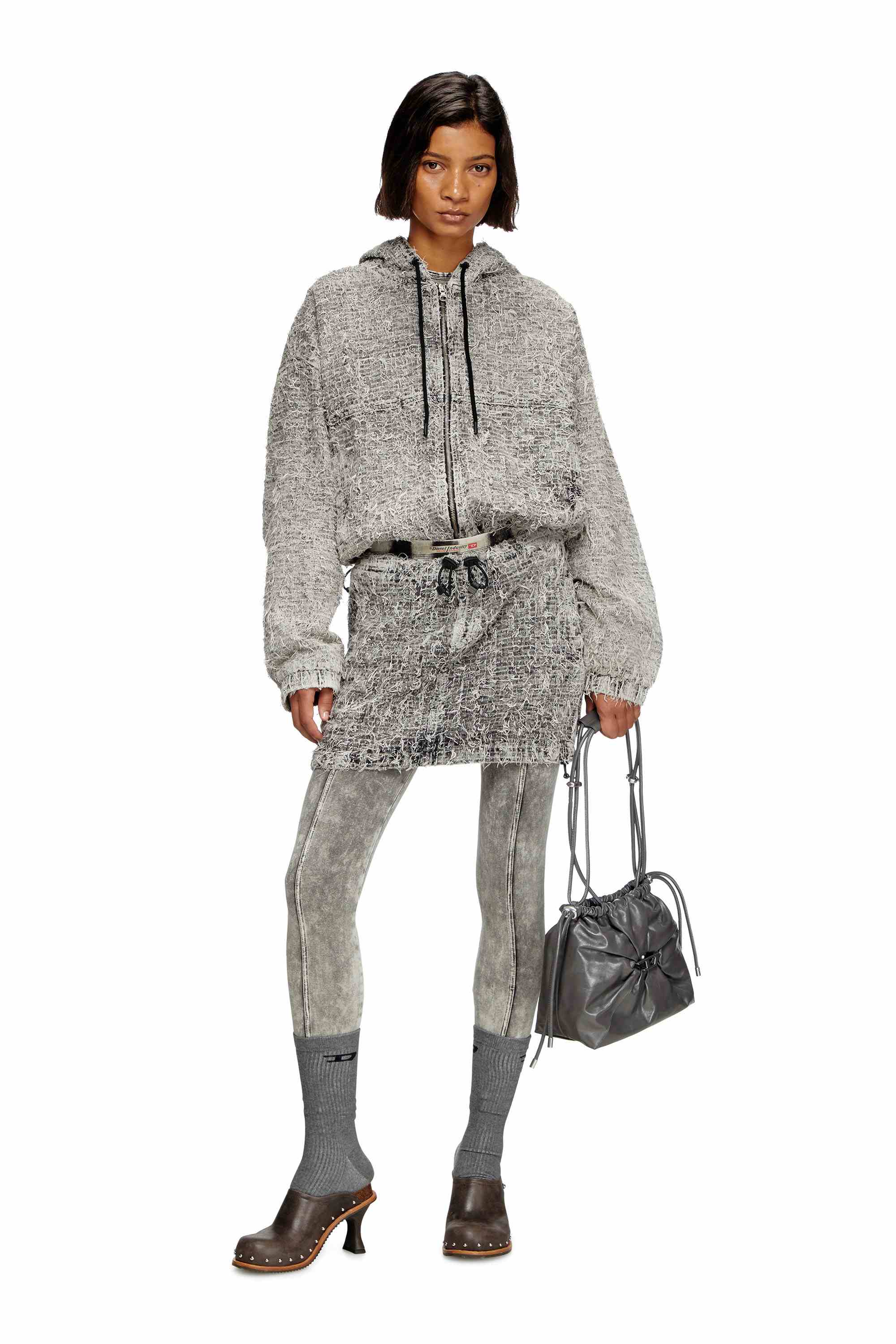 Grey Scrunch-D-Bucket bag in shiny wrinkled leather