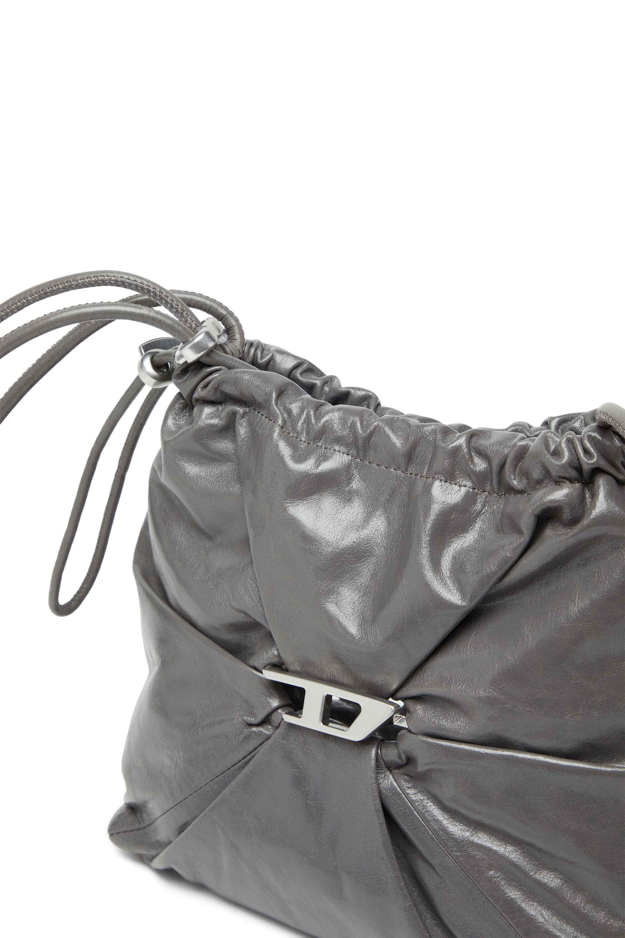 Grey Scrunch-D-Bucket bag in shiny wrinkled leather