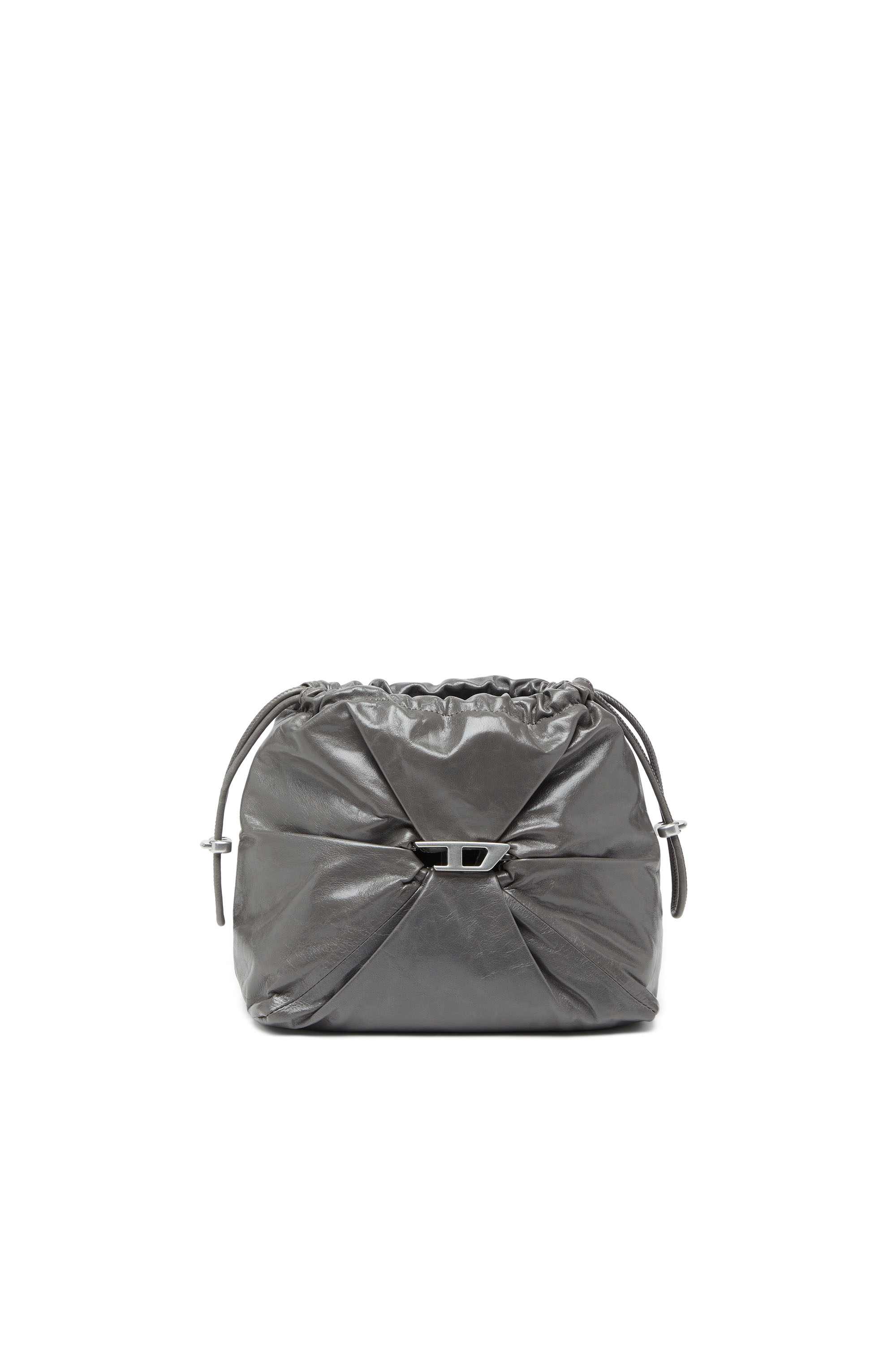 Grey Scrunch-D-Bucket bag in shiny wrinkled leather