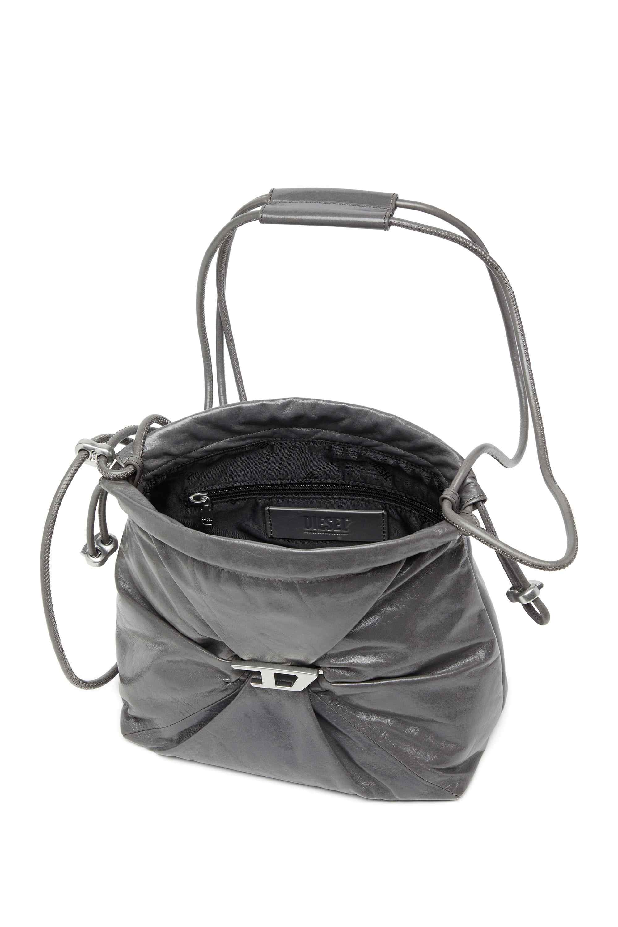 Grey Scrunch-D-Bucket bag in shiny wrinkled leather