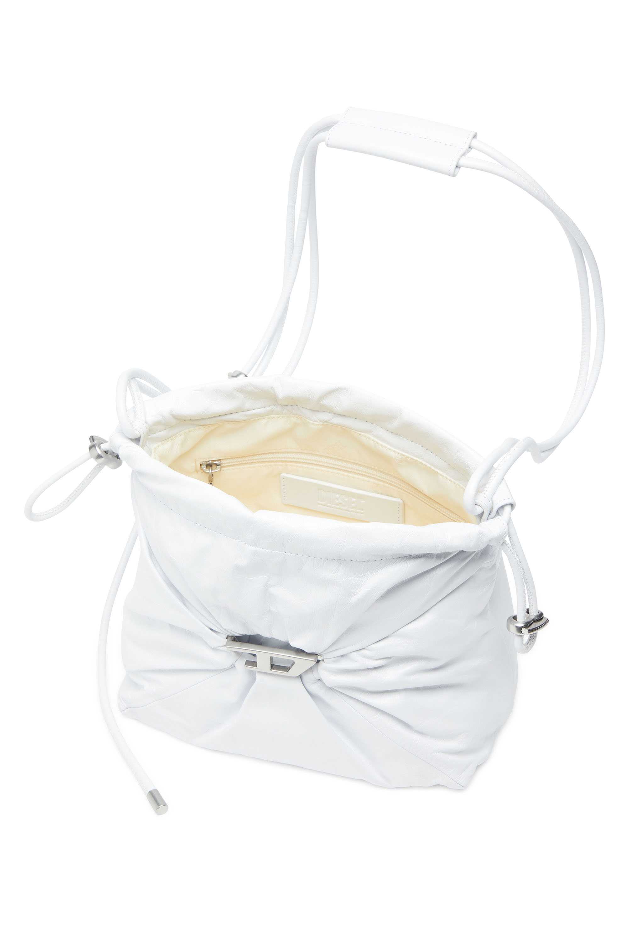 White Scrunch-D-Bucket bag in shiny wrinkled leather