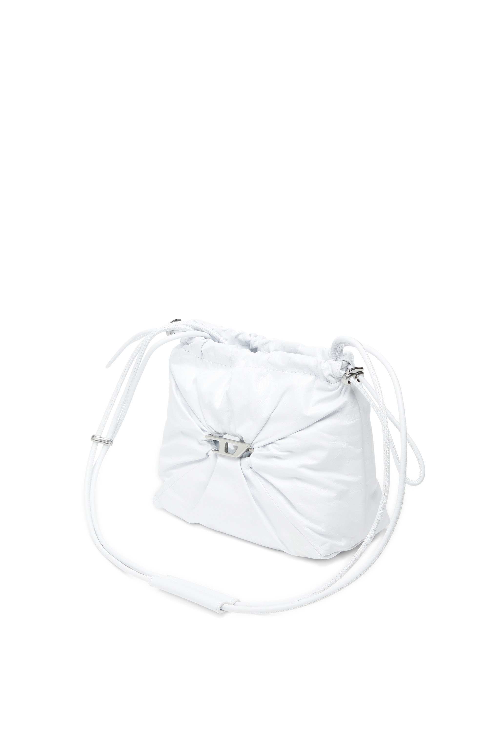 White Scrunch-D-Bucket bag in shiny wrinkled leather