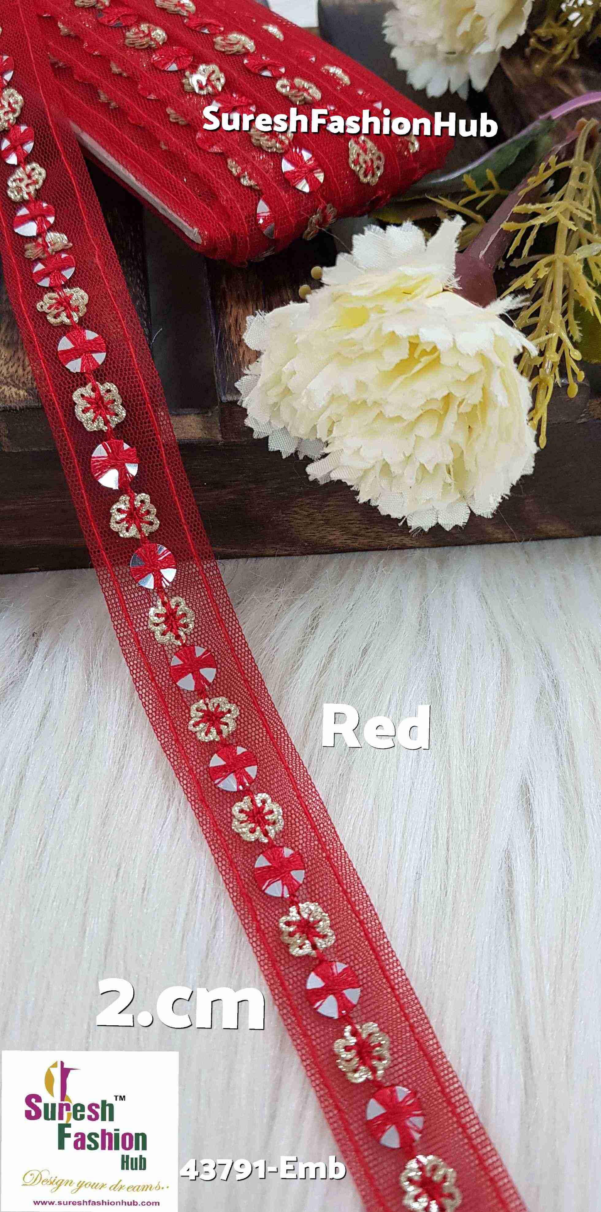Red Embellished Floral Lace Trim