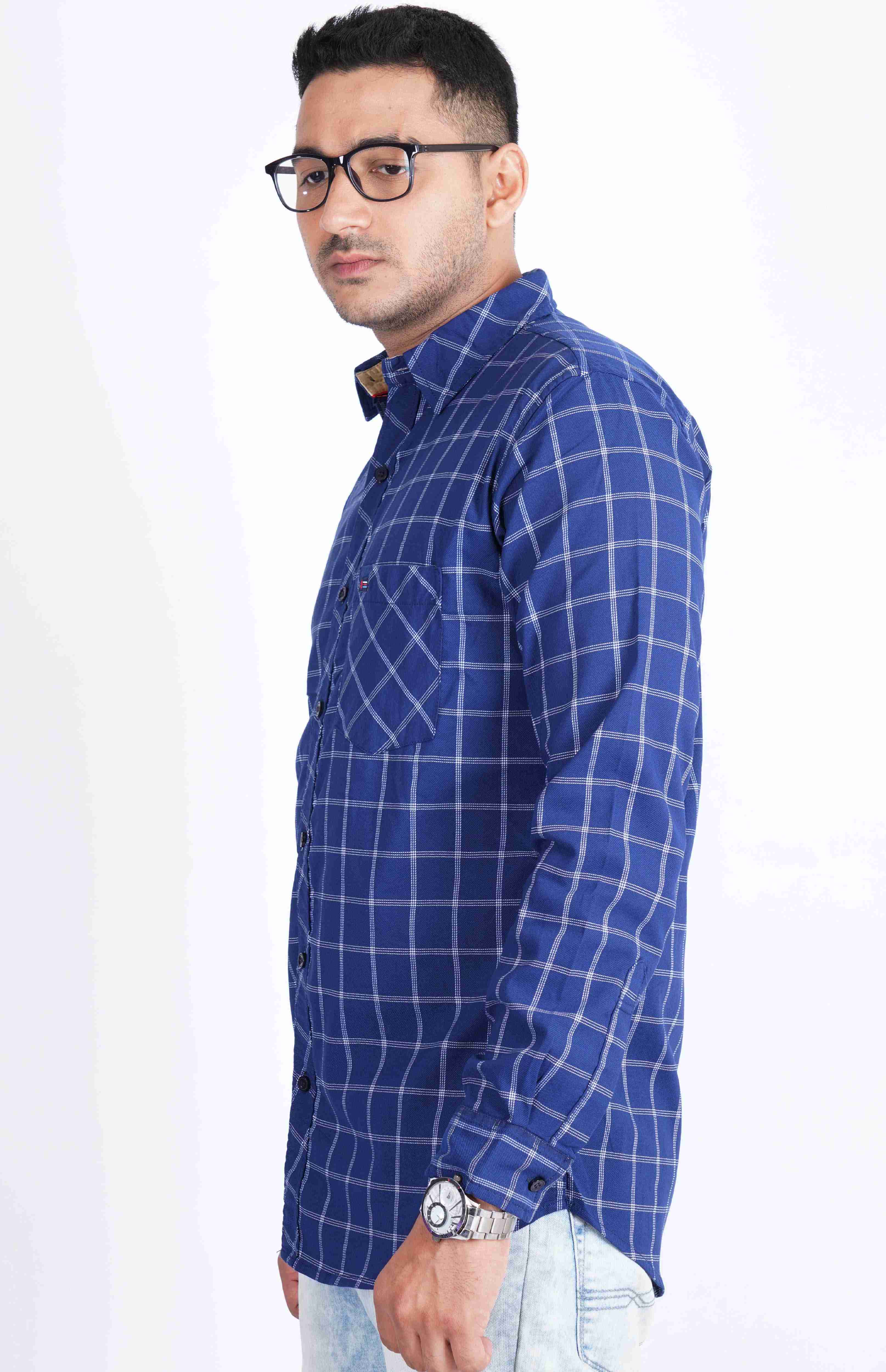 Royal Blue White Lycra Checks Stretchable Cotton Shirt