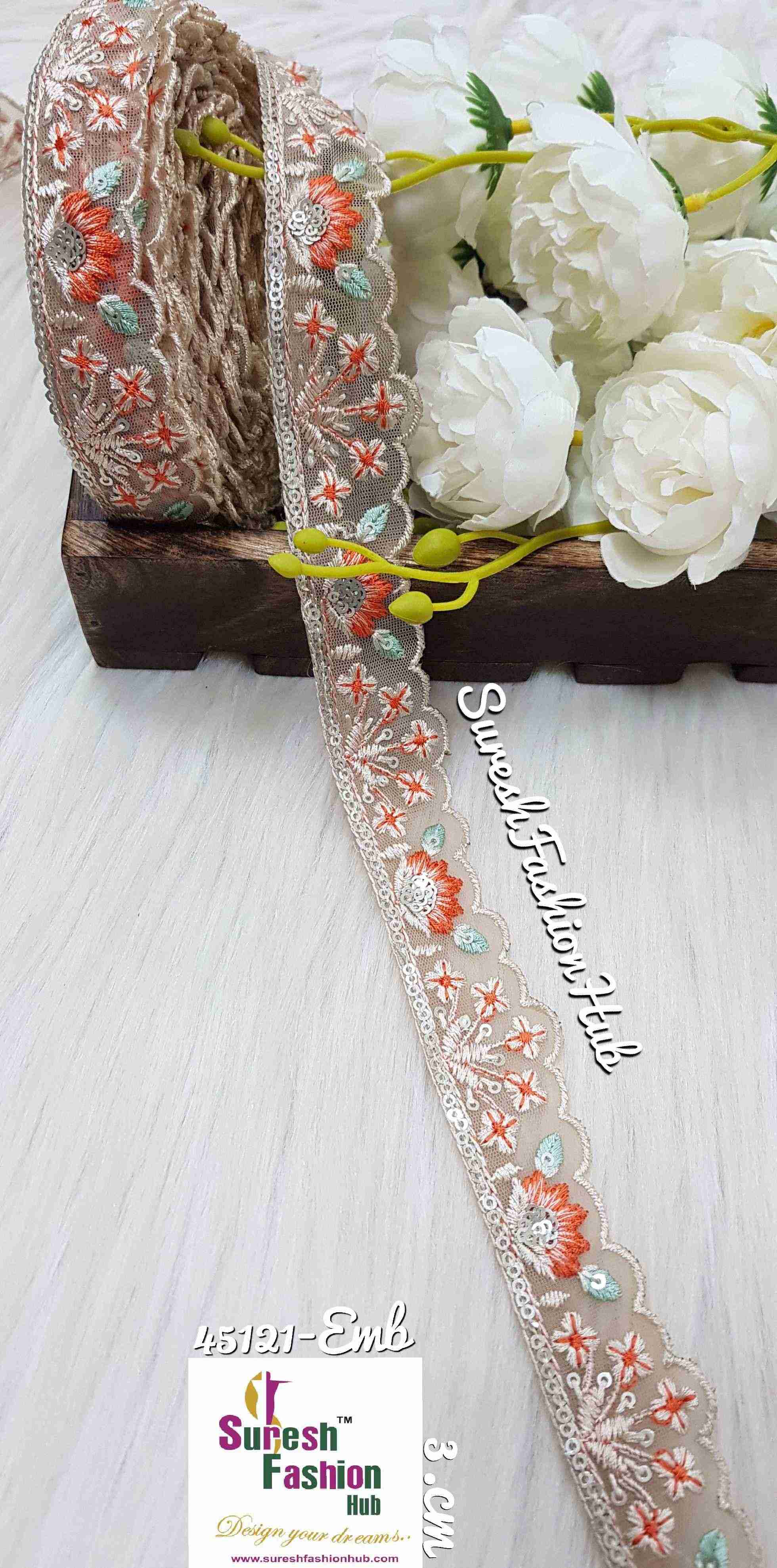 Orange Flowers Sequined Petal Cutwork Laces