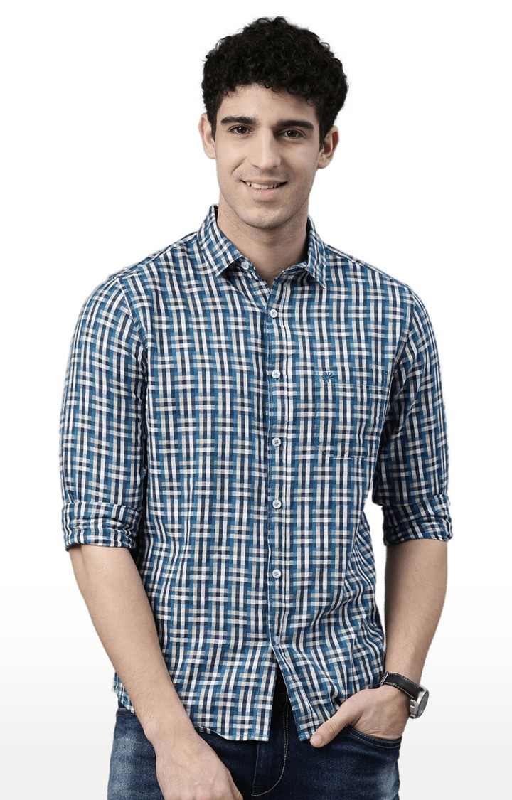 Men's Blue Cotton Checked Casual Shirt