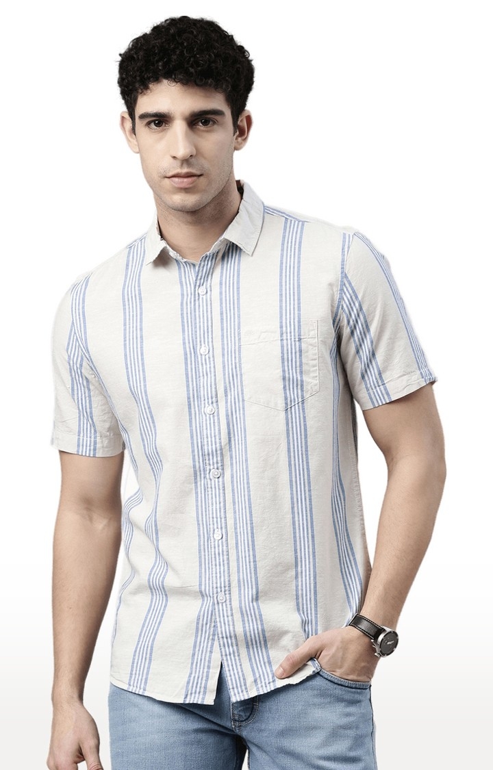 Chennis | Men's Beige Cotton Striped Casual Shirt 0