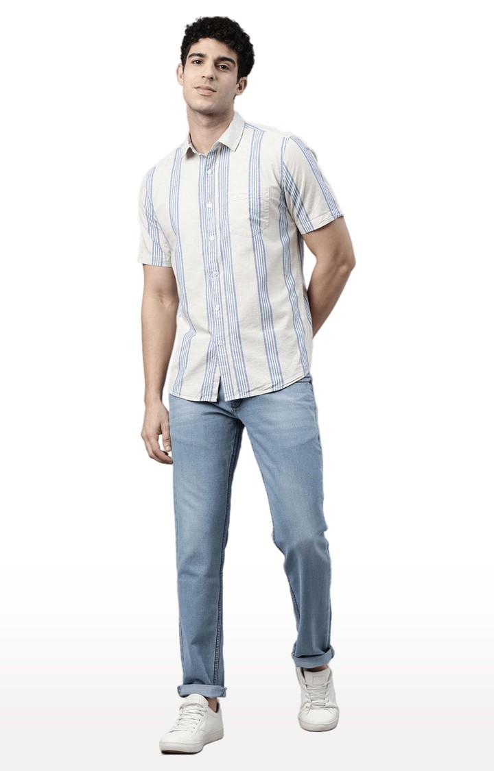 Chennis | Men's Beige Cotton Striped Casual Shirt 1