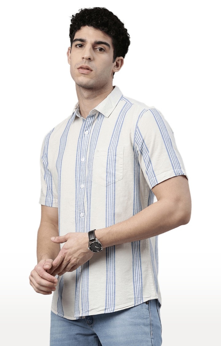 Chennis | Men's Beige Cotton Striped Casual Shirt 2