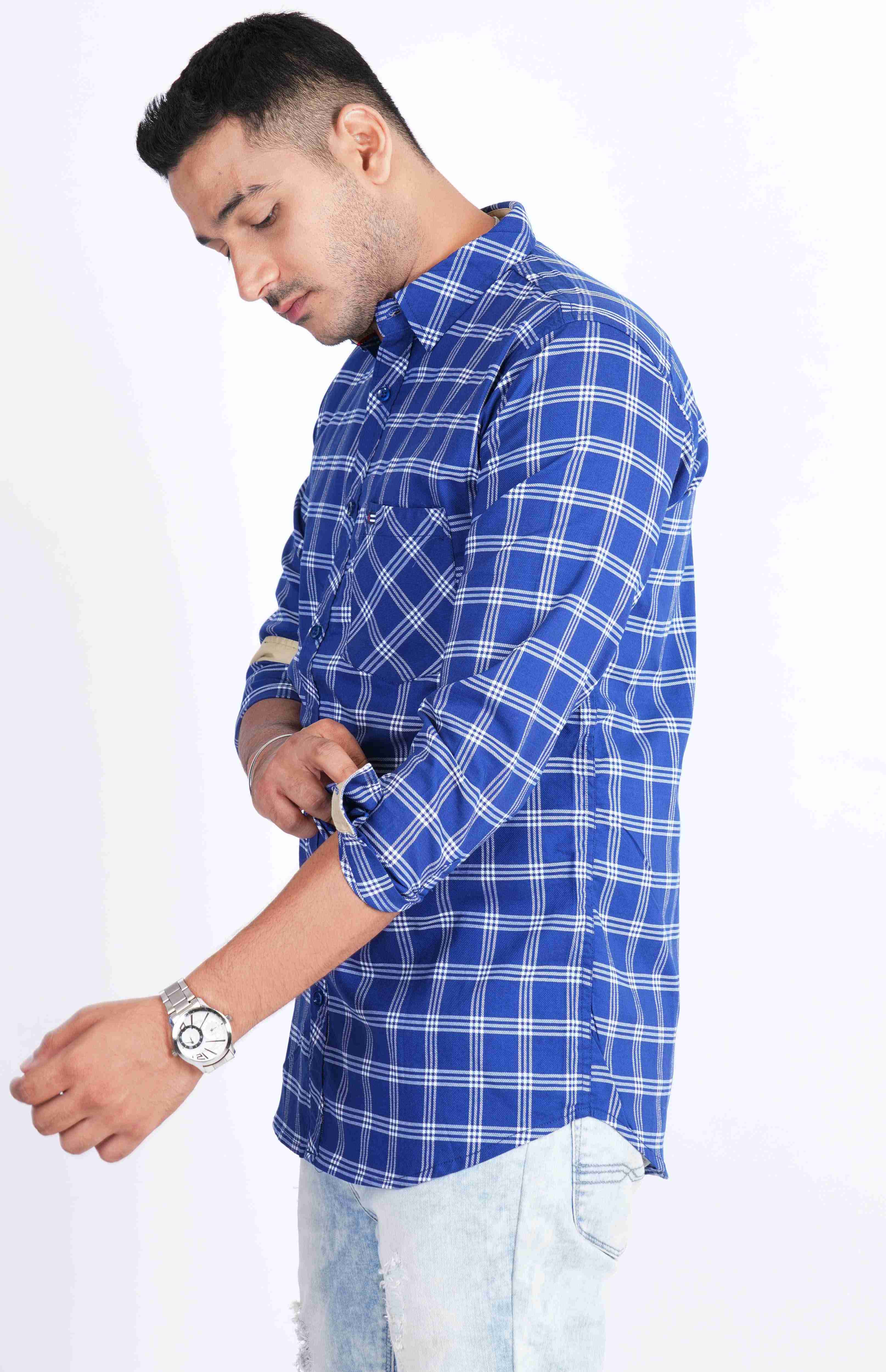 Cobalt Blue White Lycra Checks Stretchable Cotton Shirt