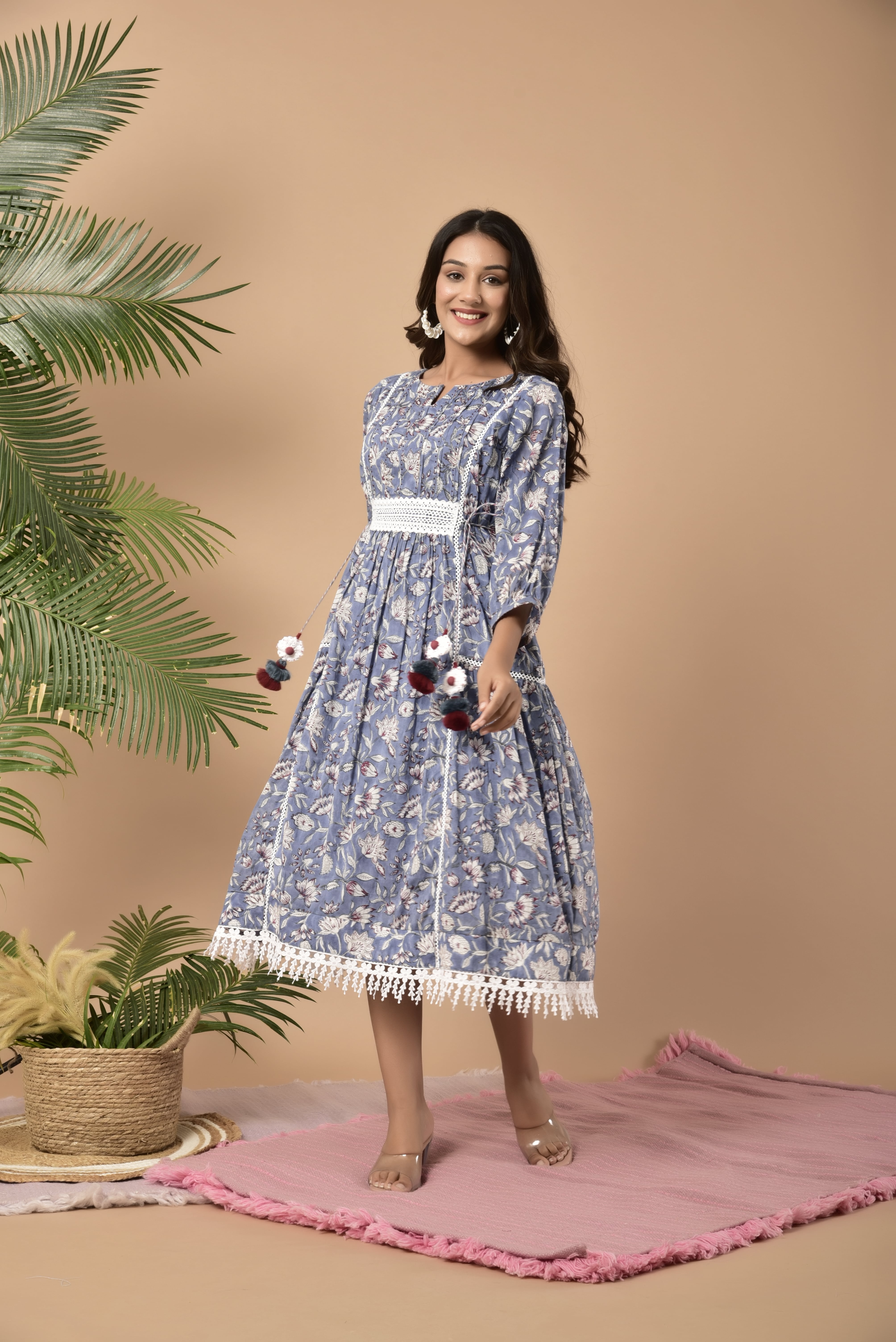 KAARAH BY KAAVYA | Block printed cotton dress with tassels undefined