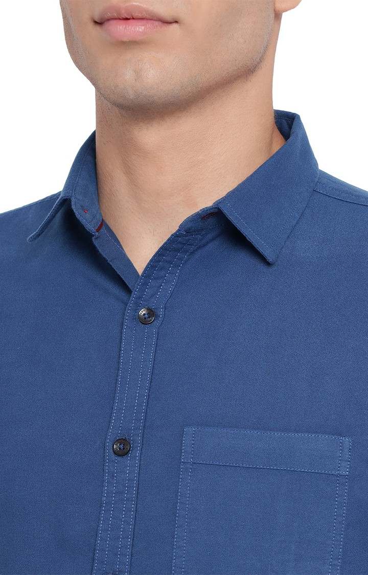 ECOM JBSO-PL-008 DARK BLUE Men's Blue Cotton Solid Semi Casual Shirts