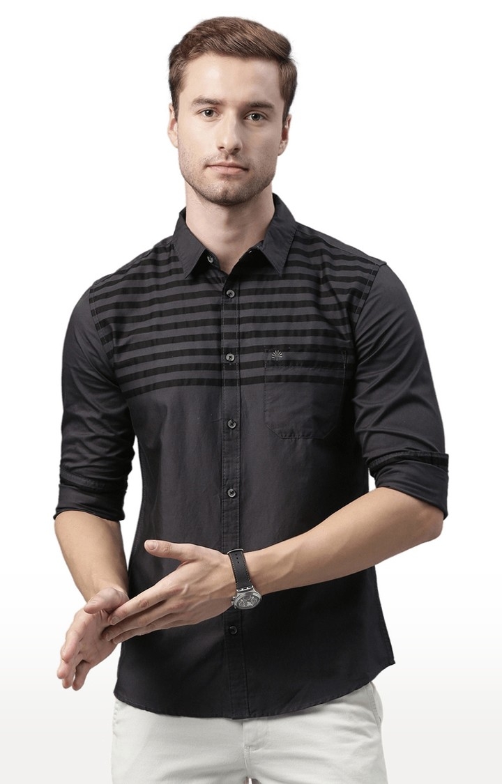 Chennis | Men's Grey Cotton Striped Casual Shirt 0