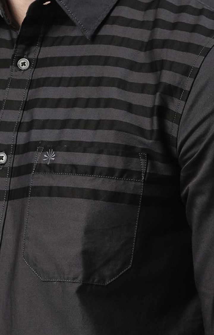 Chennis | Men's Grey Cotton Striped Casual Shirt 4
