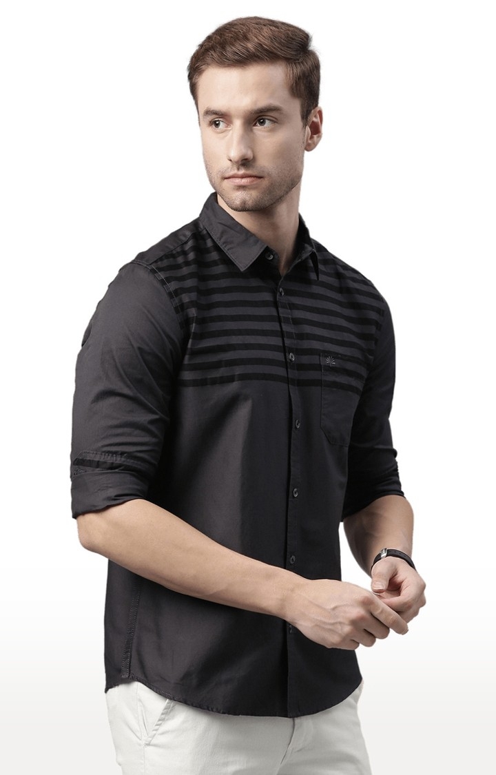 Chennis | Men's Grey Cotton Striped Casual Shirt 2