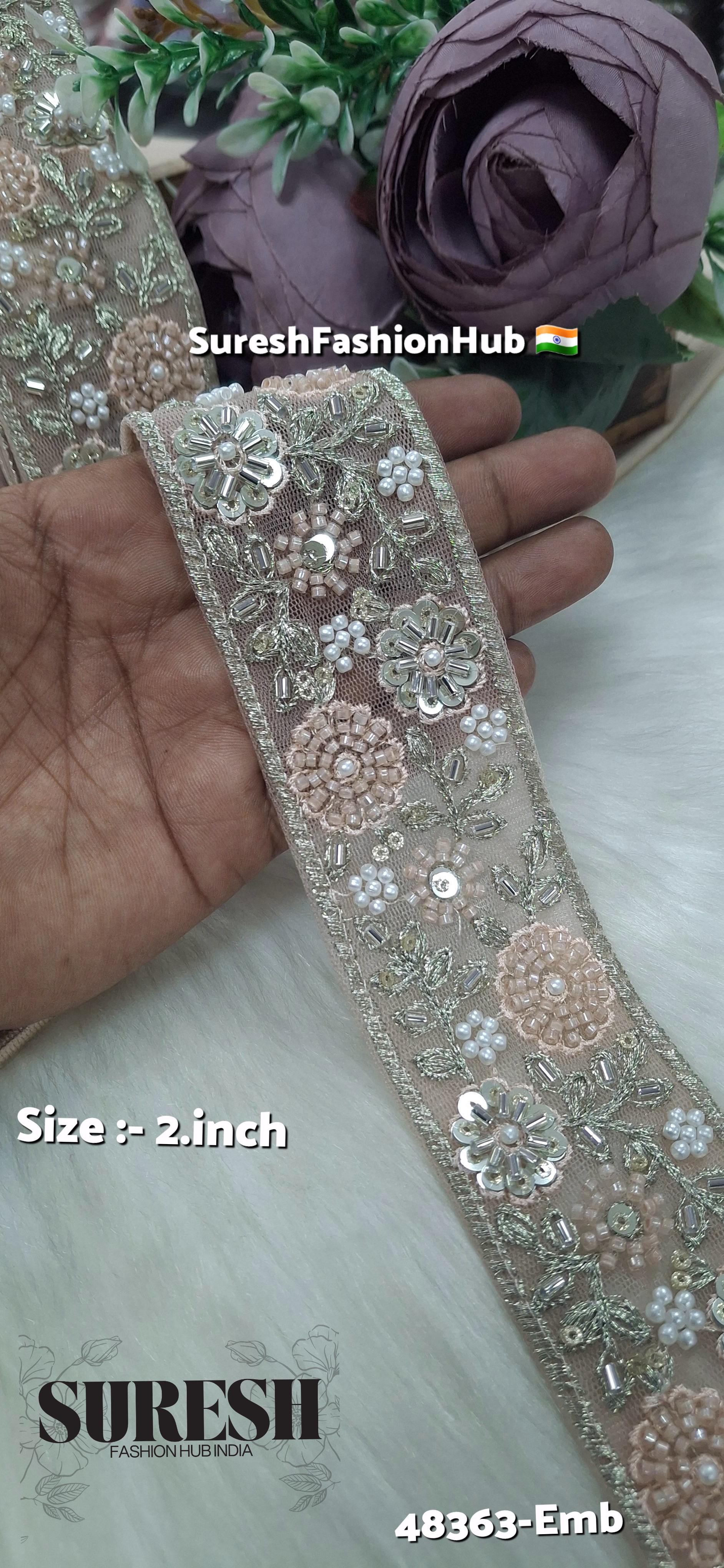 Light Peach Beaded Floral Net Embroidered Lace