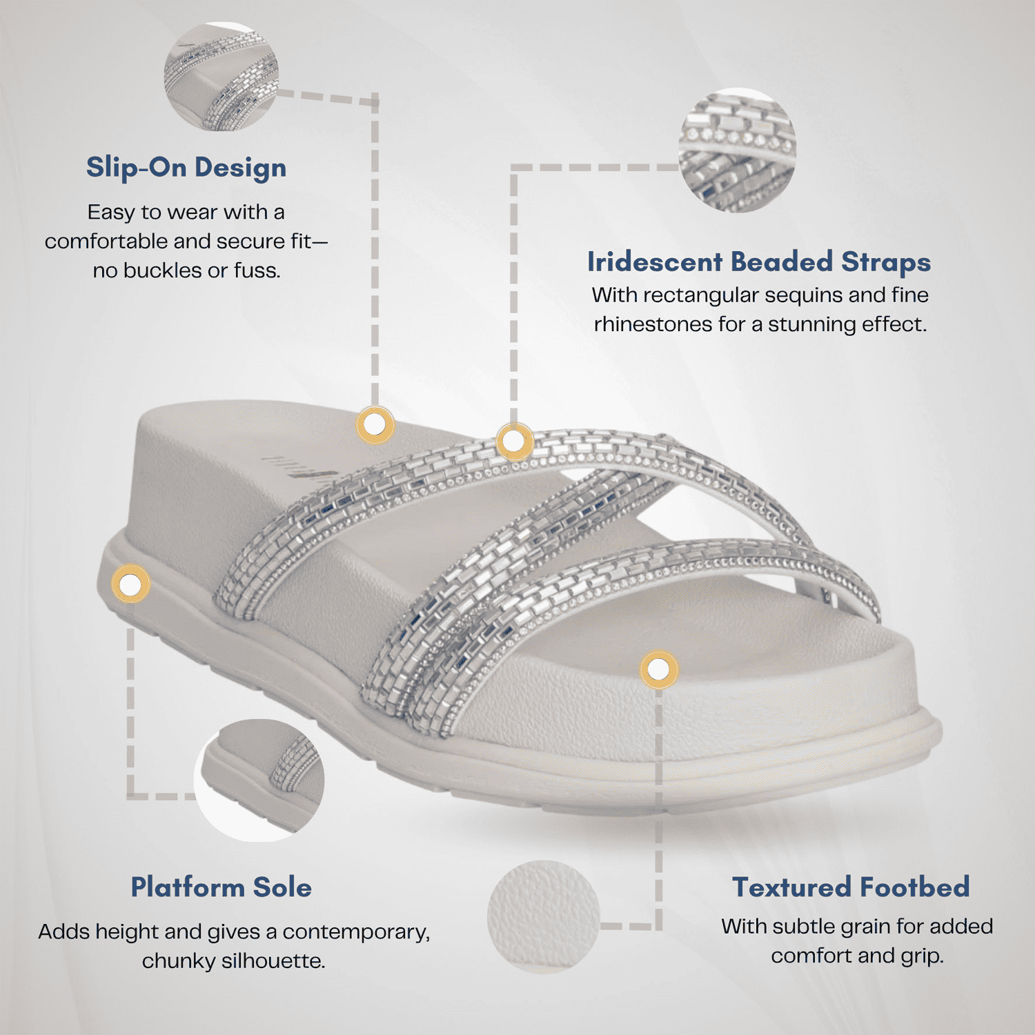 Women White Sparkle Band Slides