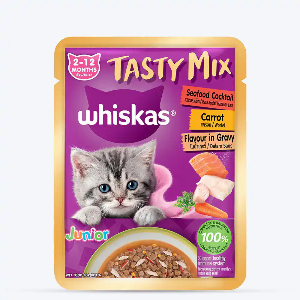 Whiskas Tasty Mix Junior Pouch Seafood Cocktail Carrot Flavor in Gravy for Cats 70g