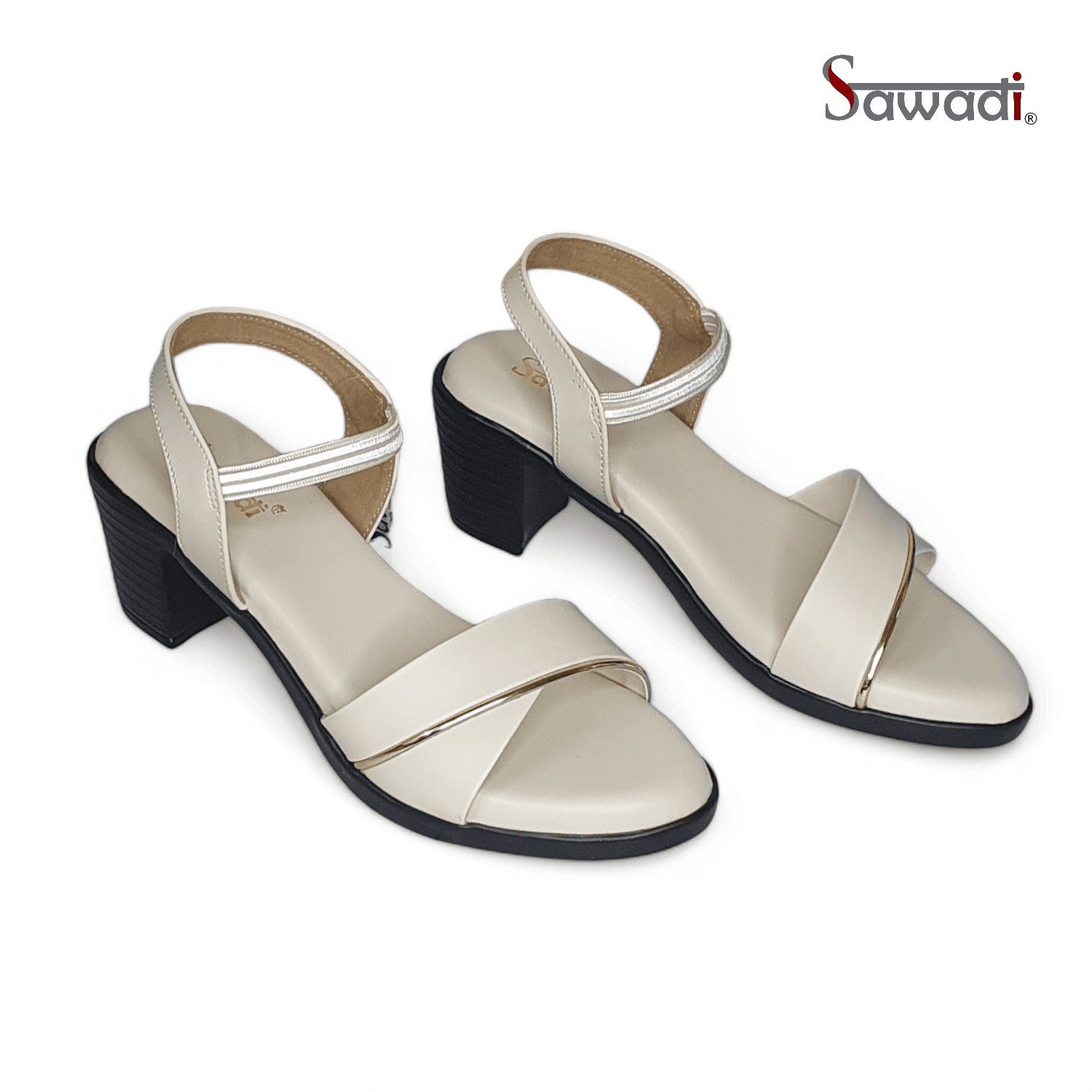 Sawadi Women’s Stylish Block Heel Sandals with Double Strap & Gold Trim