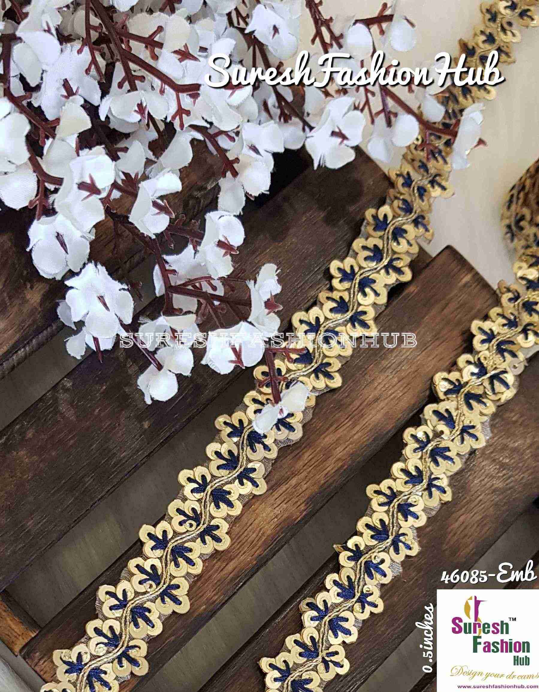 Sequence Navy Blue Thread Embroidered Leaves Designer Trim