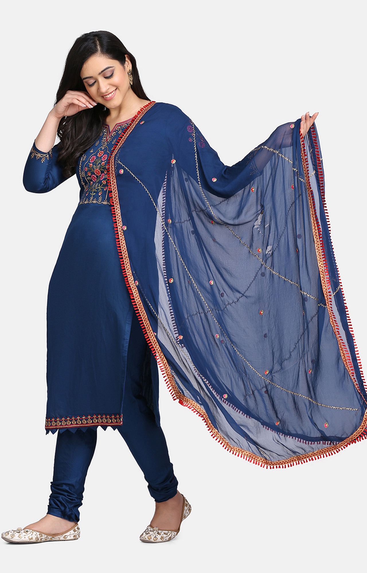 Navy Blue Color Cotton Embroidered Unstitched Dress Material-FL_PANKHUDI1095_DM