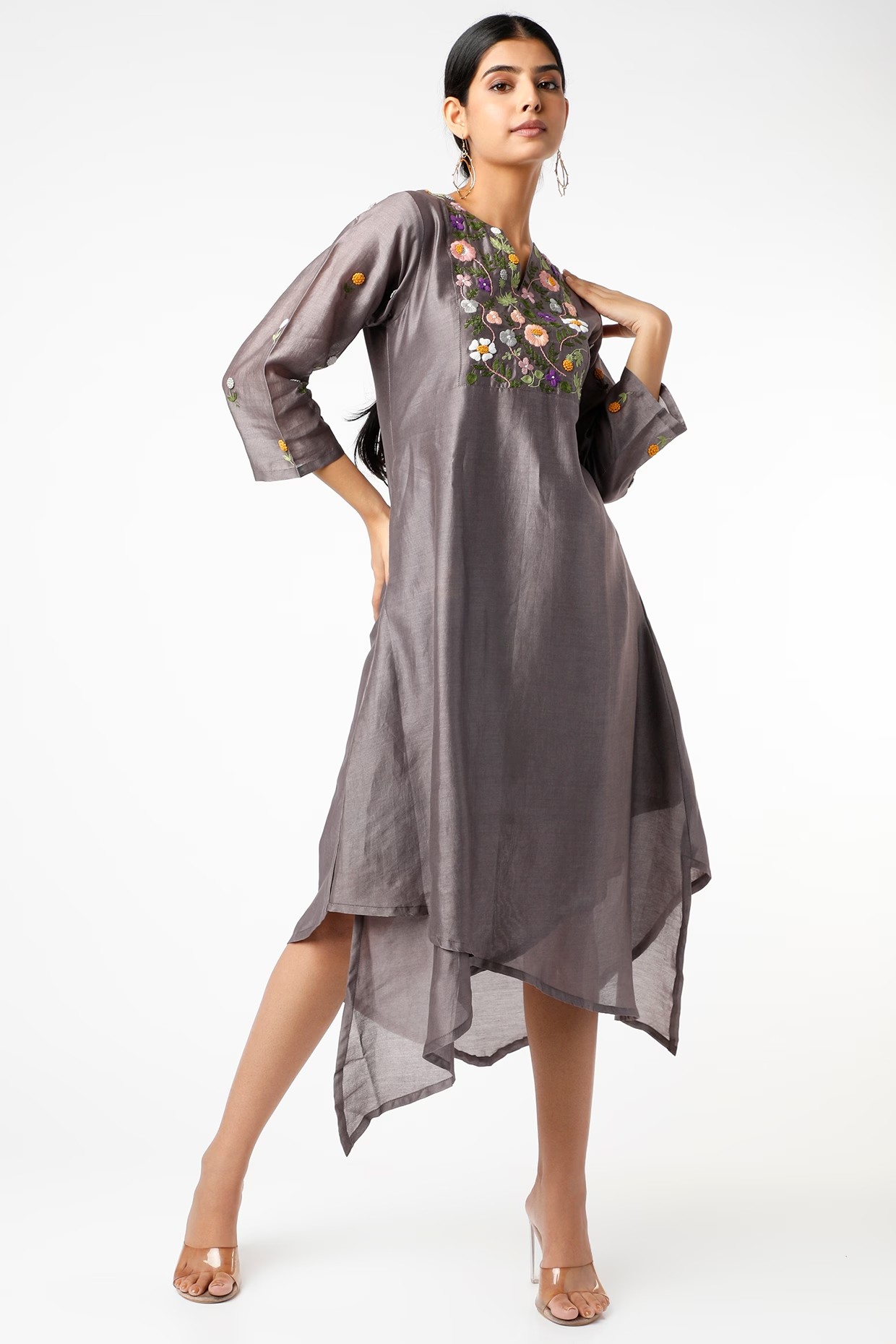 Grey Embroidered Assymetric Tunic Dress