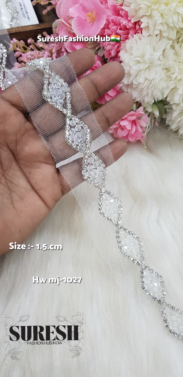 Silver Handmade Rhinestone Chain & Crystal Border on Net – M.J-1027