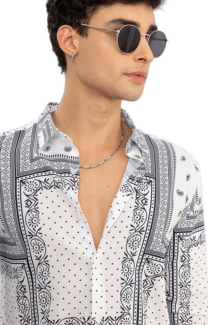 Men's White Rayon Printed Casual Shirt