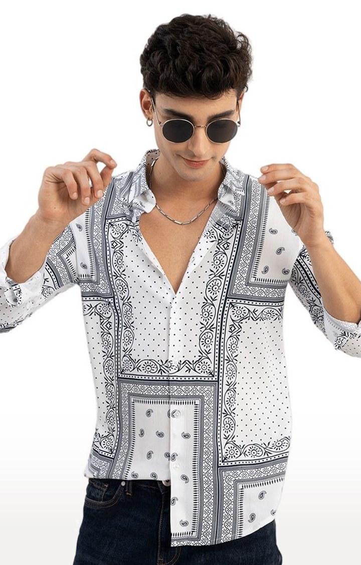 Men's White Rayon Printed Casual Shirt