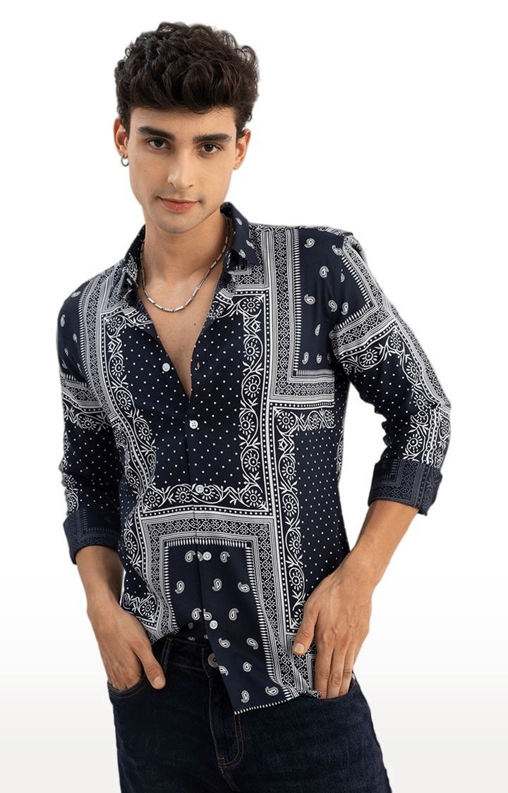 Men's Navy Blue Rayon Printed Casual Shirt