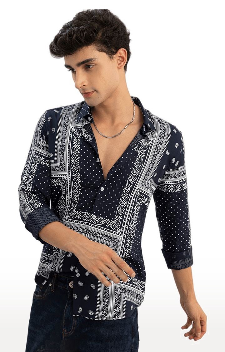 Men's Navy Blue Rayon Printed Casual Shirt