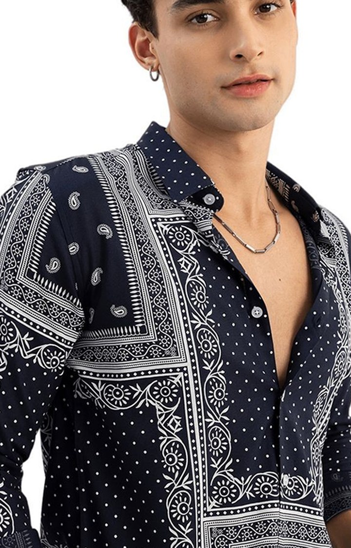 Men's Navy Blue Rayon Printed Casual Shirt