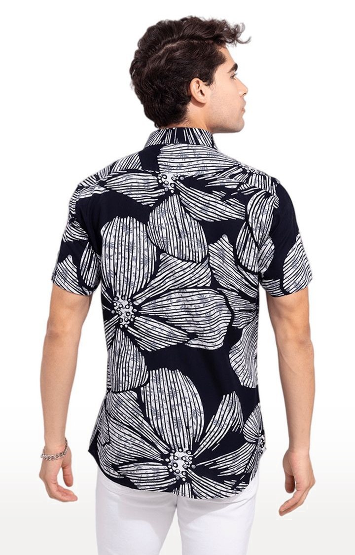 Men's Black and White Rayon Printed Casual Shirt