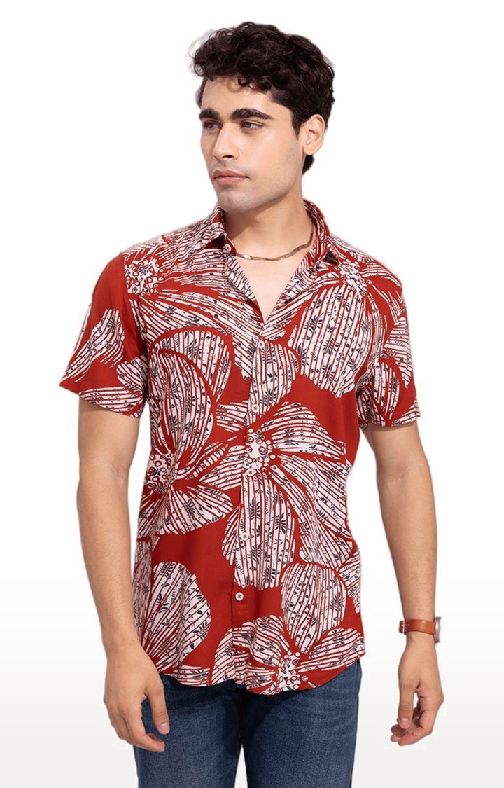 SNITCH | Men's Red Rayon Printed Casual Shirt