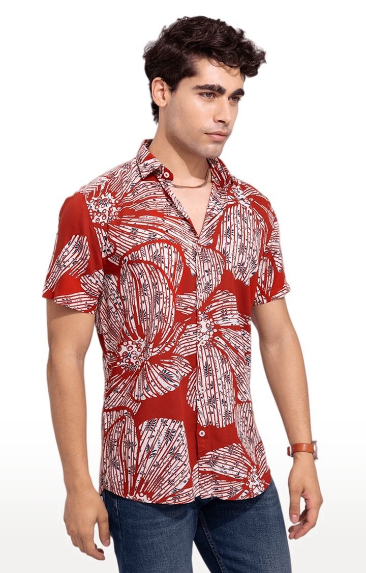 Men's Red Rayon Printed Casual Shirt