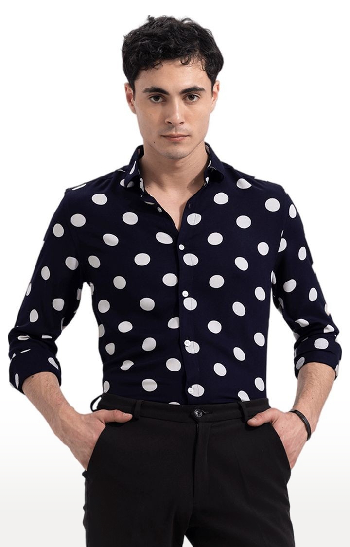 Men's Navy Blue Rayon Polka Dots Casual Shirt