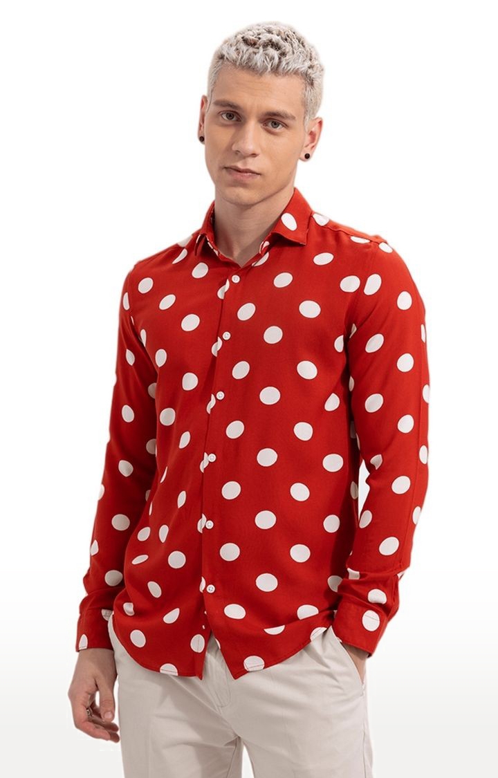 SNITCH | Men's Red Rayon Polka Dots Casual Shirt