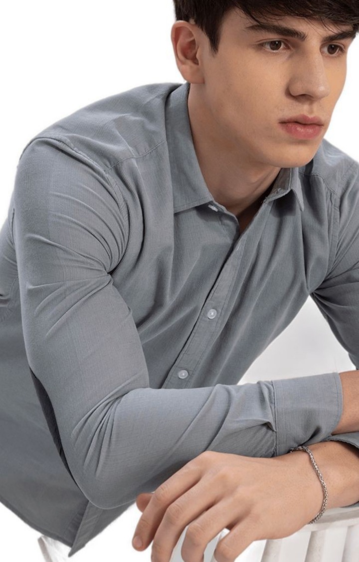 Men's Grey Cotton Solid Casual Shirt