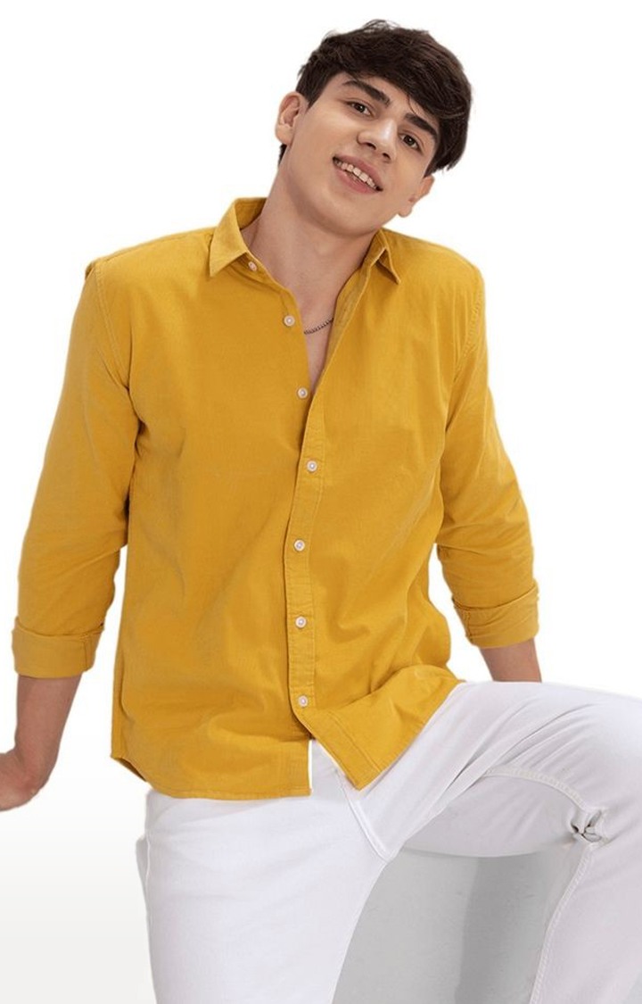 Men's Yellow Cotton Solid Casual Shirt