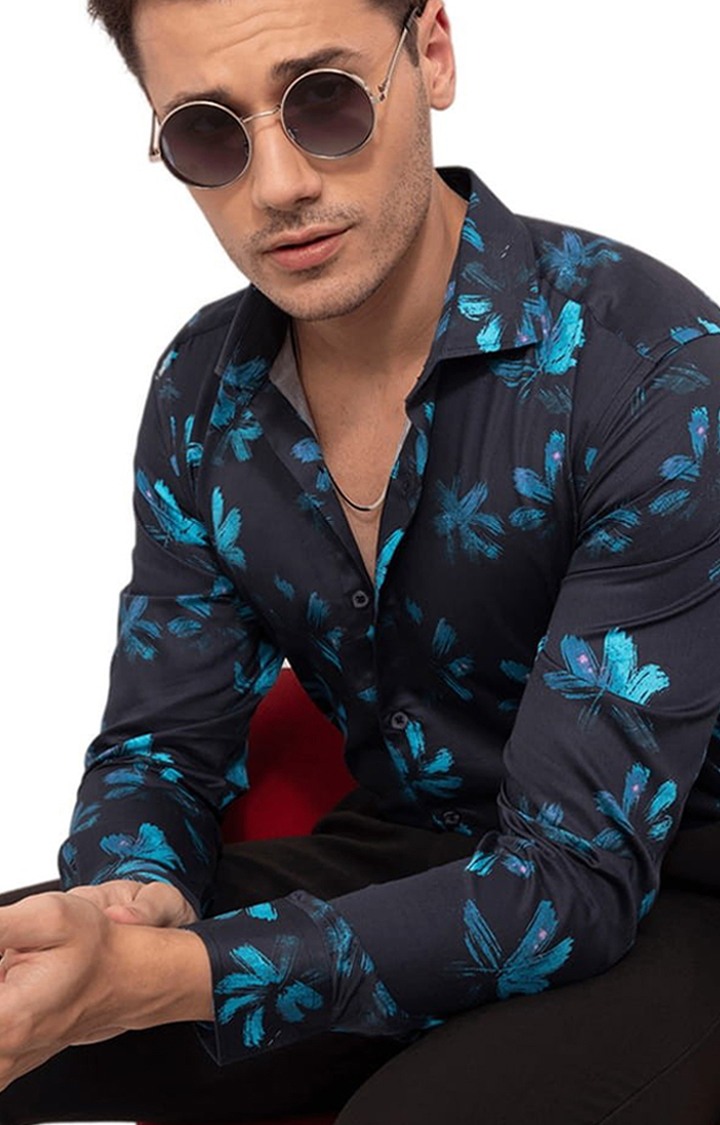 Men's Navy Blue Cotton Printed Casual Shirt